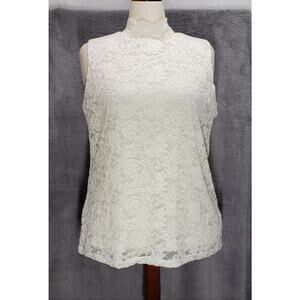 Susan Graver NWT Cream Floral Lace Mock Neck Sleeveless Blouse Large Elegant Top